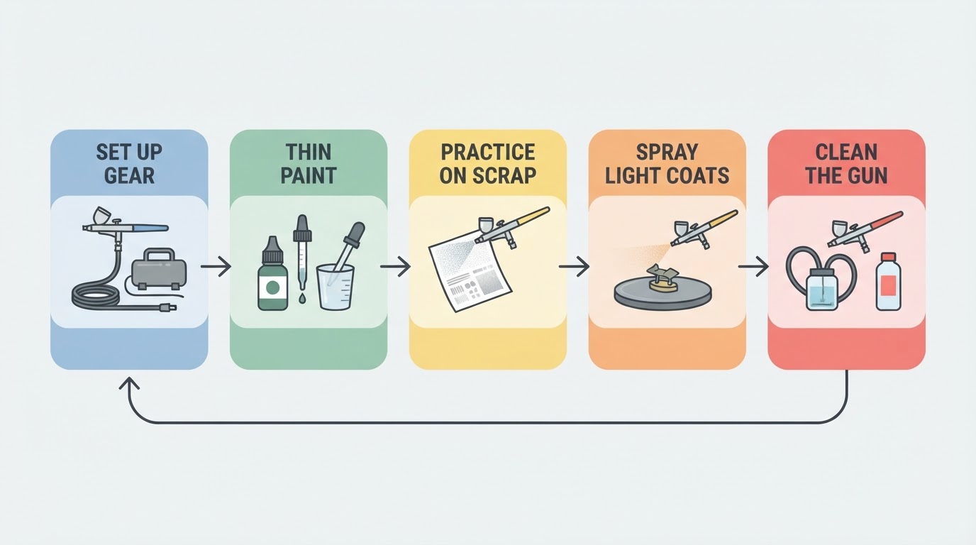 Workflow diagram for airbrush painting for beginners.